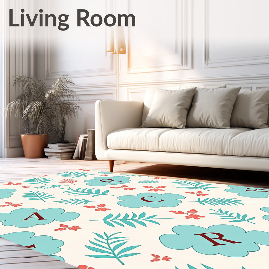 Teal Clouds Alphabet Botanical Floral Rug