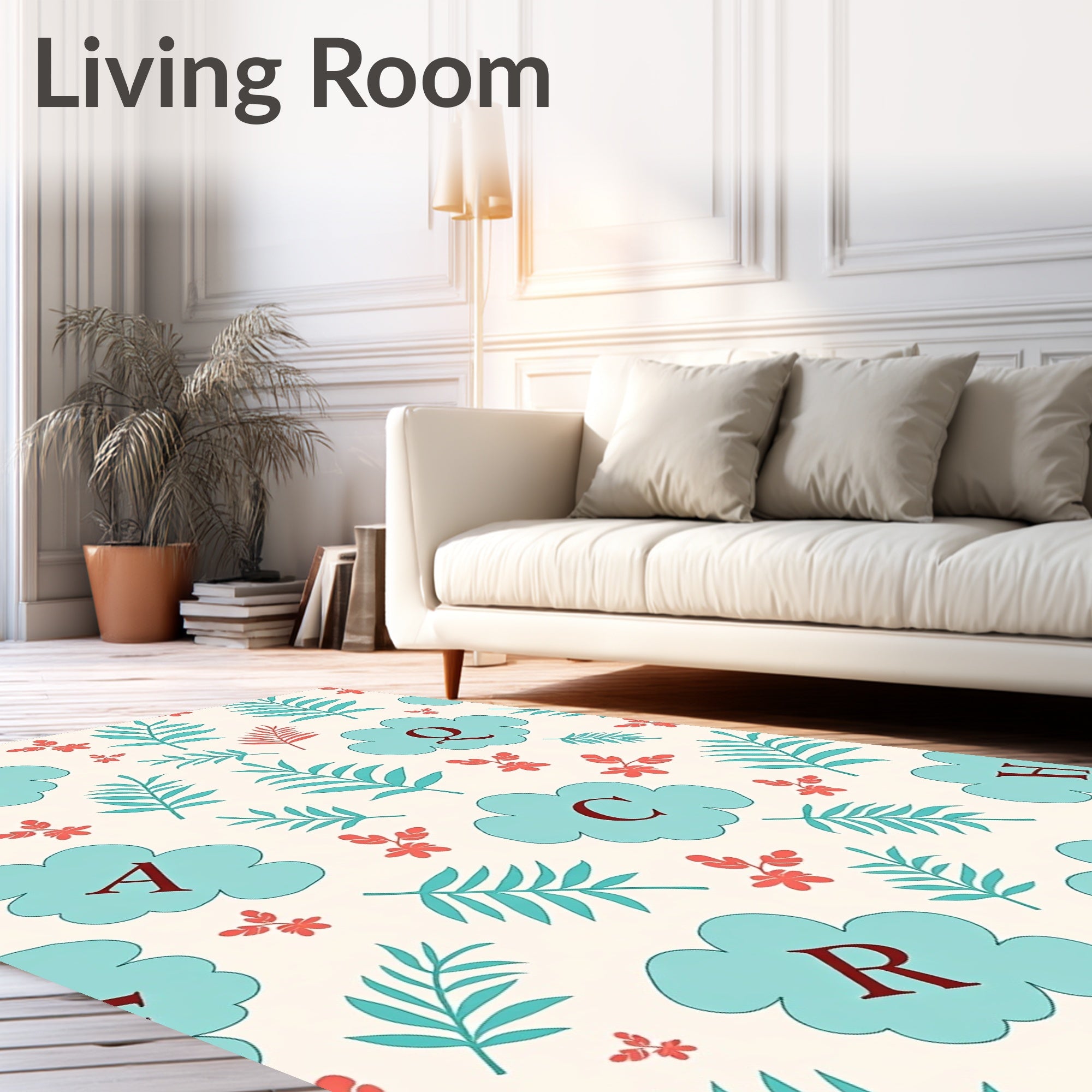 Teal Clouds Alphabet Botanical Floral Rug