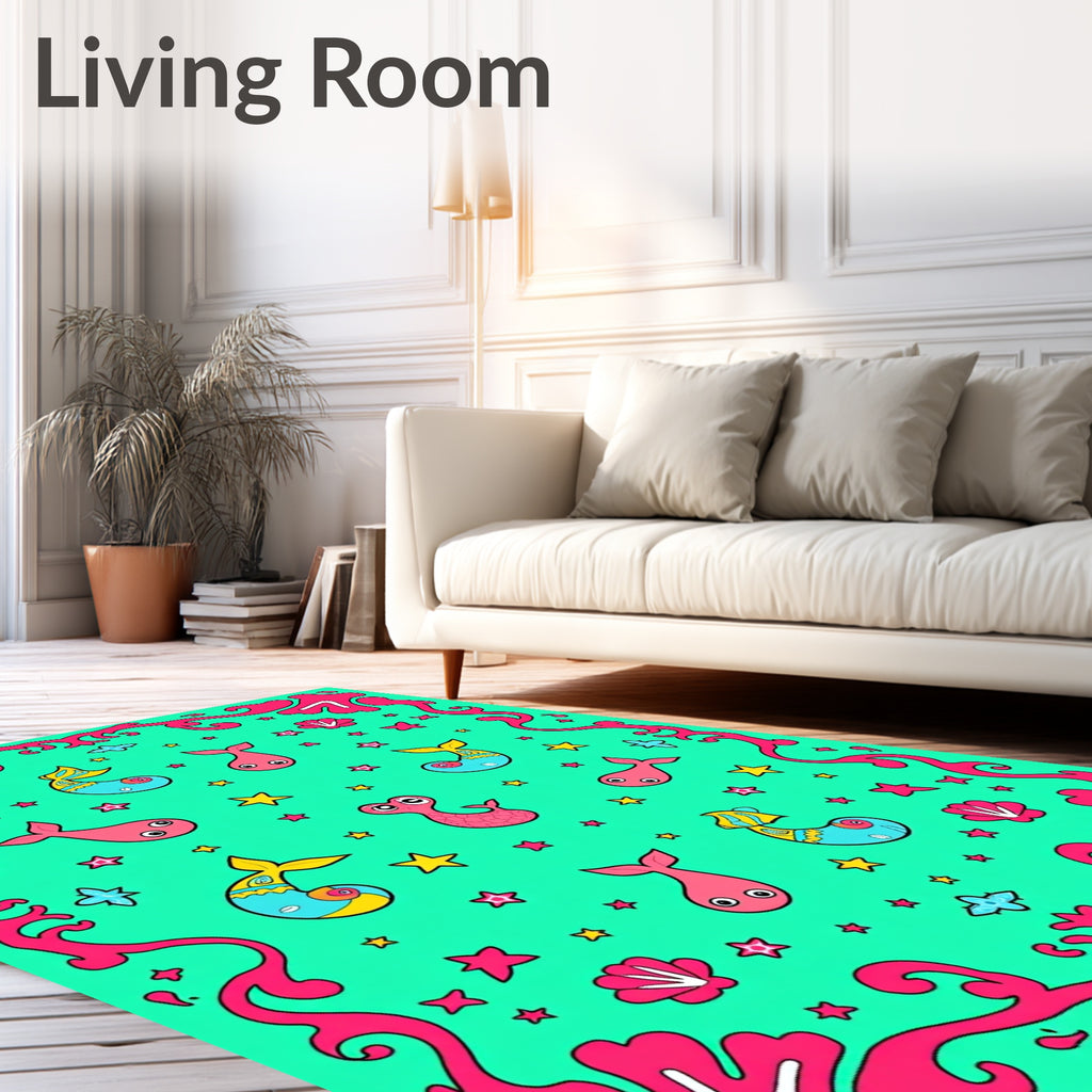 Whimsical Teal Fish Sea Creatures Rug