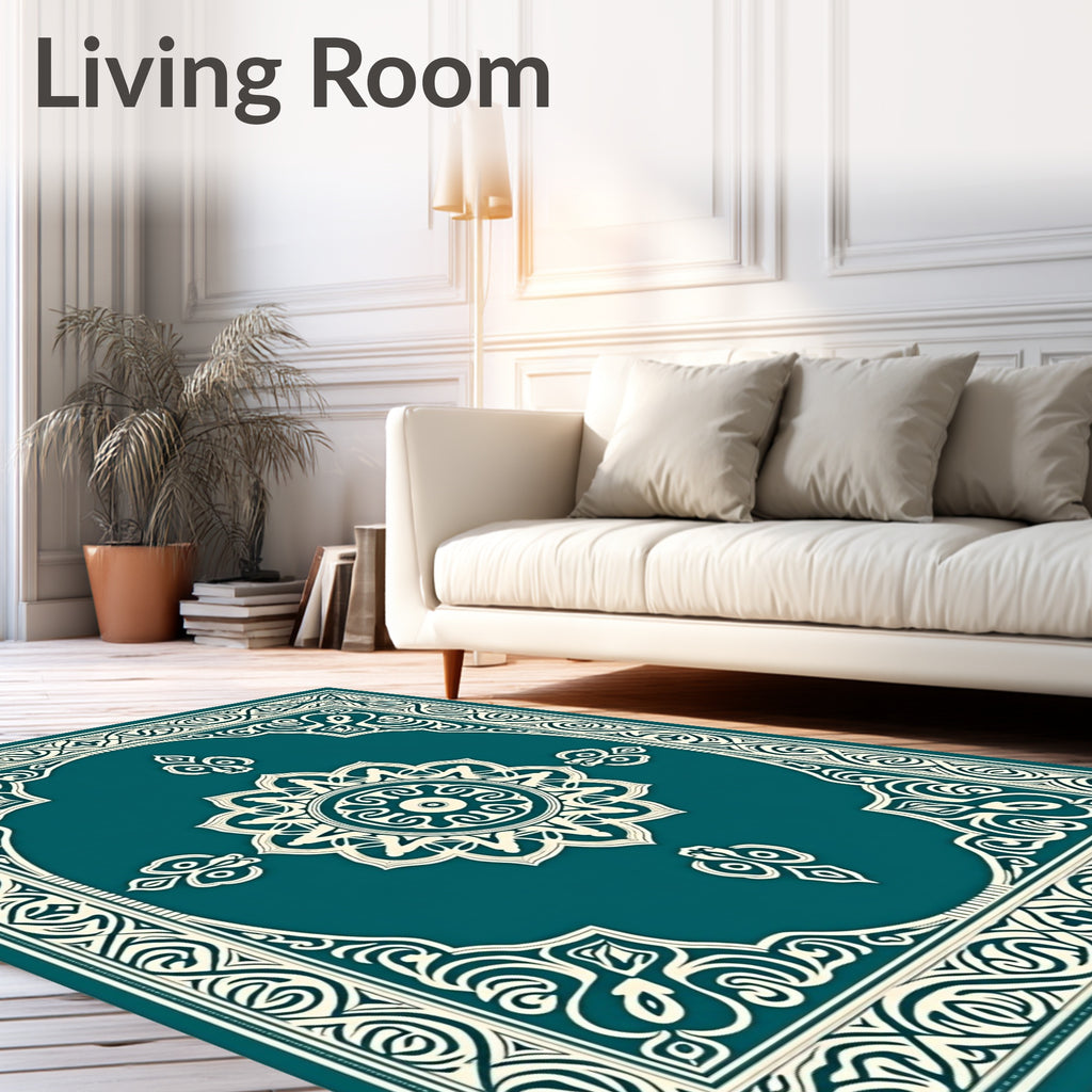 Teal Cream Elaborate Medallion Border Rug