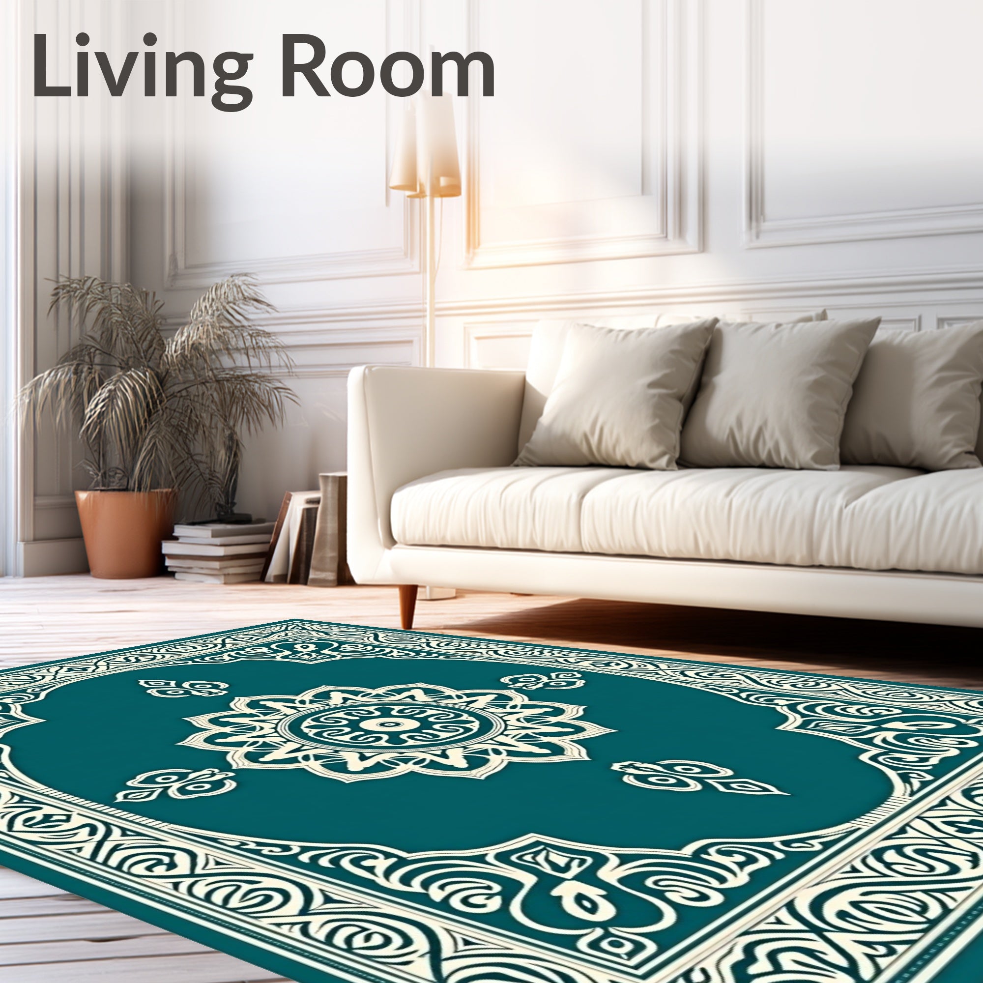 Teal Cream Elaborate Medallion Border Rug