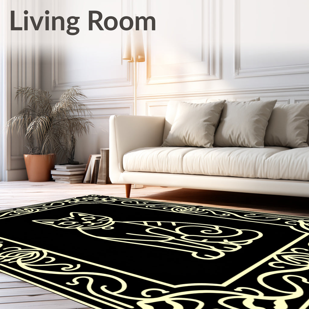 Elegant Black Cream Feline Frame Rug