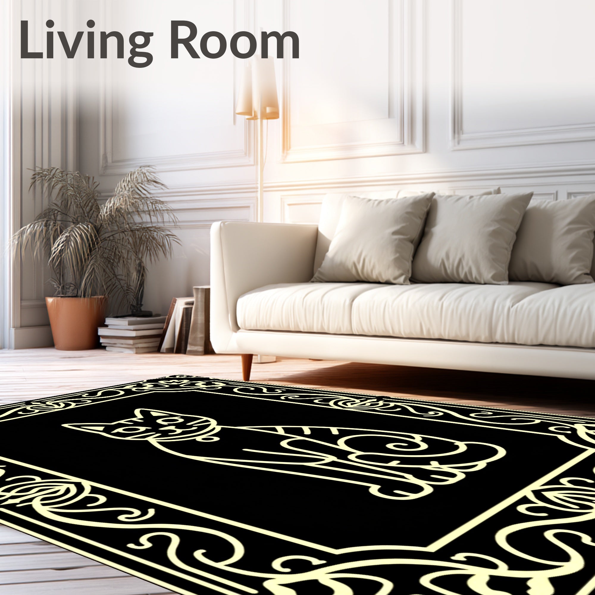 Elegant Black Cream Feline Frame Rug
