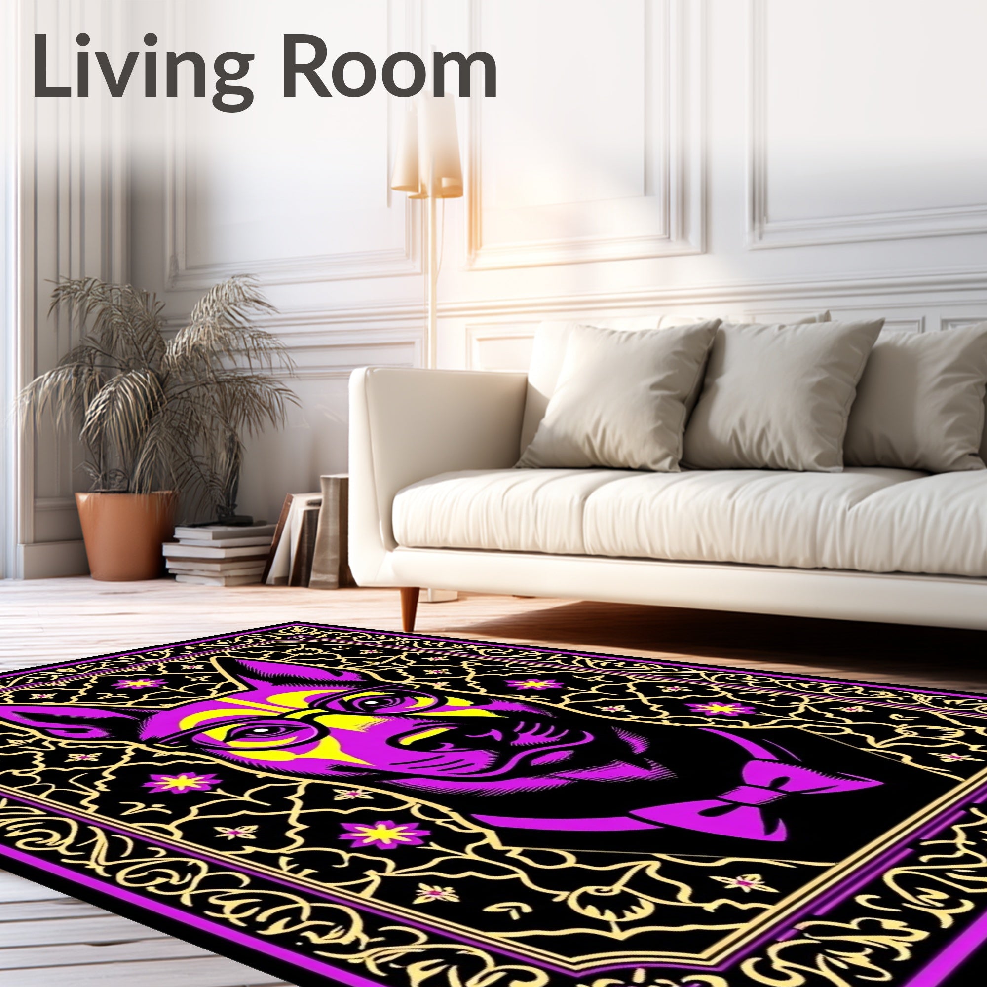 Vibrant Purple Yellow Canine Portrait Rug