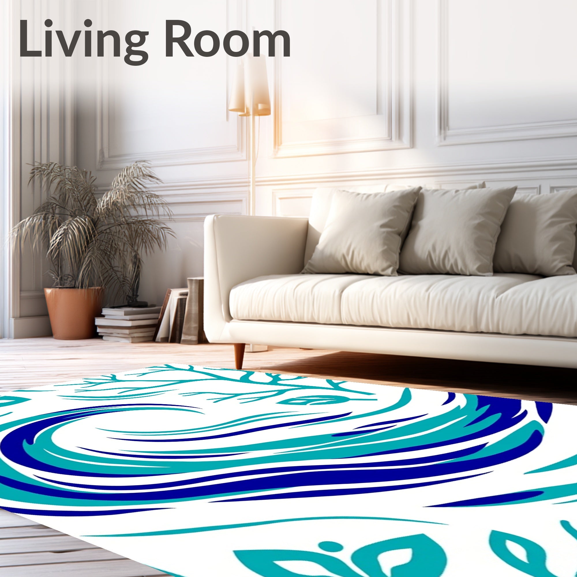 Aqua Navy Ocean Wave Foliage Rug