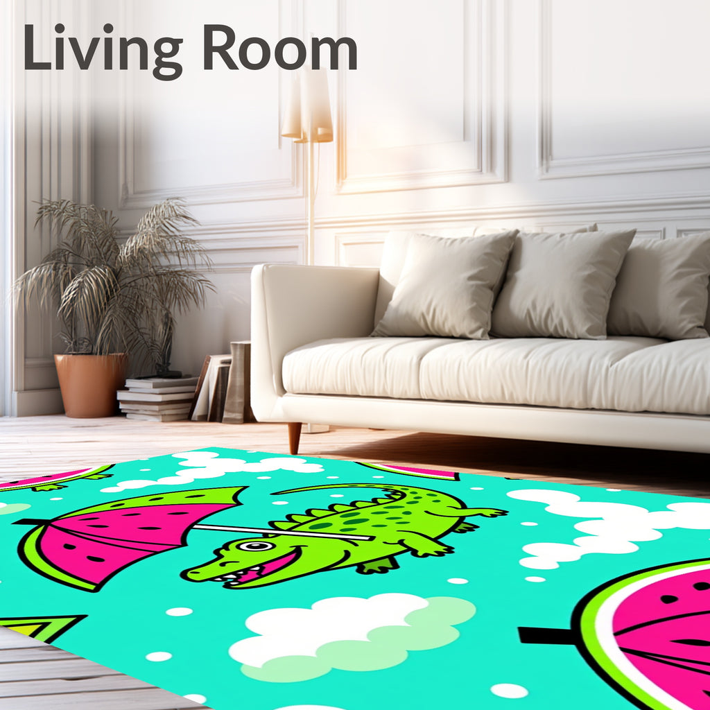 Happy Green Alligator Under Watermelon Umbrella Rug