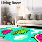 Happy Green Alligator Under Watermelon Umbrella Rug