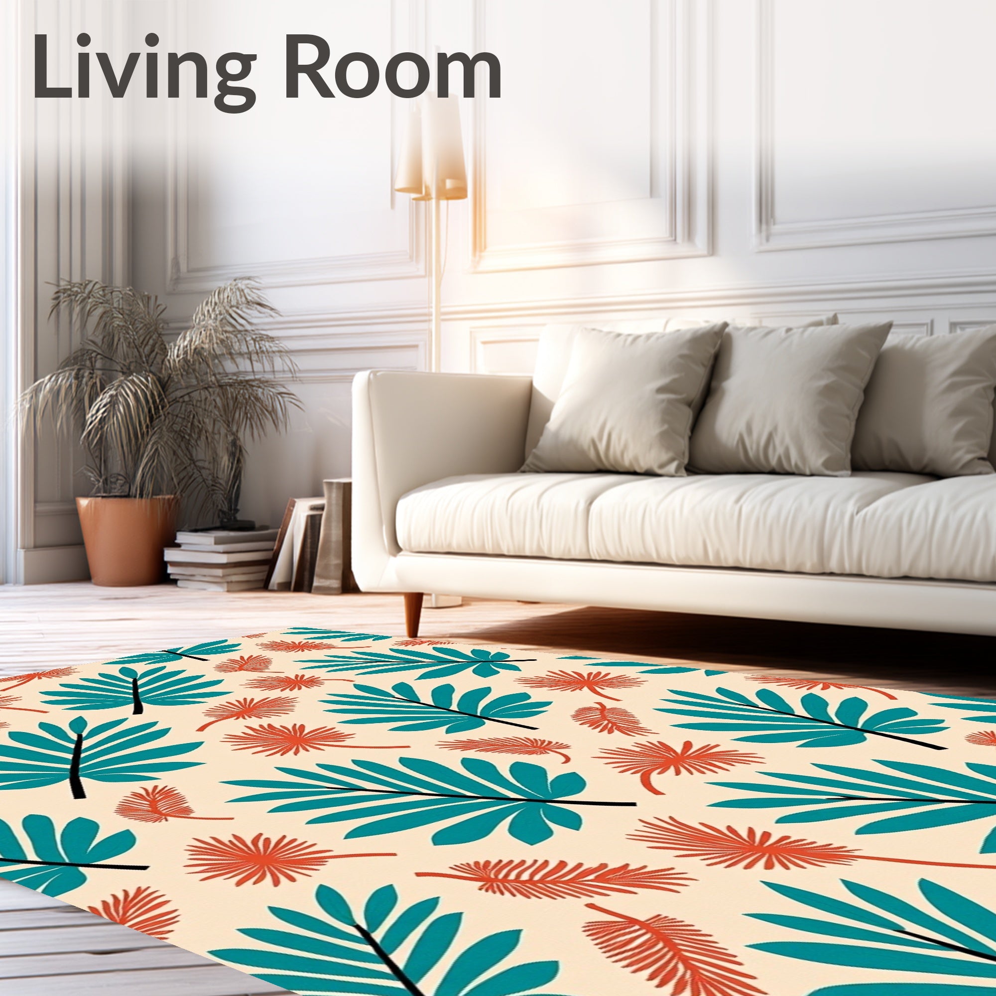 Tropical Teal Orange Leaf Arrangement Rug