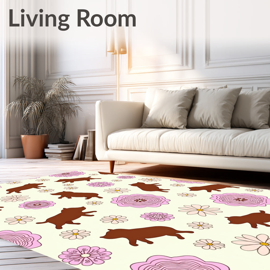 Brown Dogs Pink Flowers Cream Background Rug