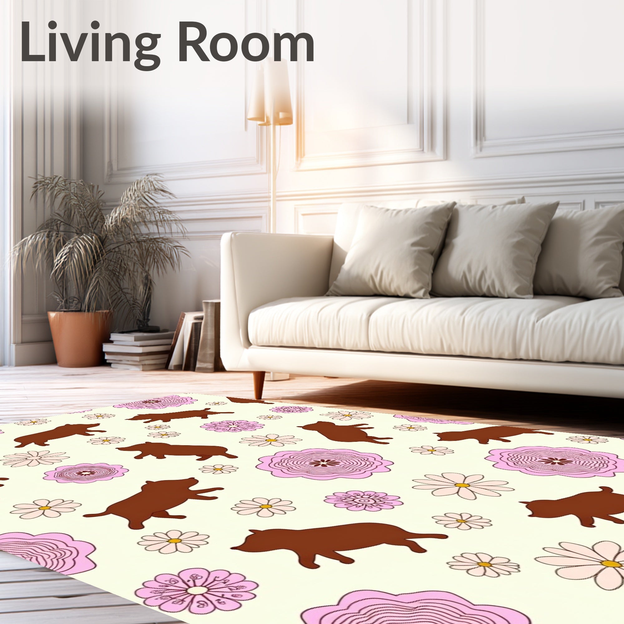 Brown Dogs Pink Flowers Cream Background Rug