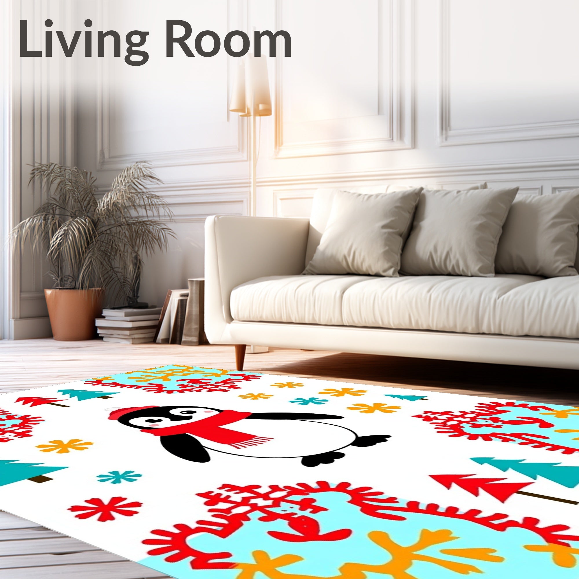 Festive Penguin Red Scarf Christmas Trees Rug