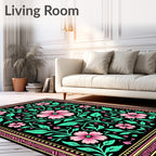 Pink Floral Vine Black Garden Rug