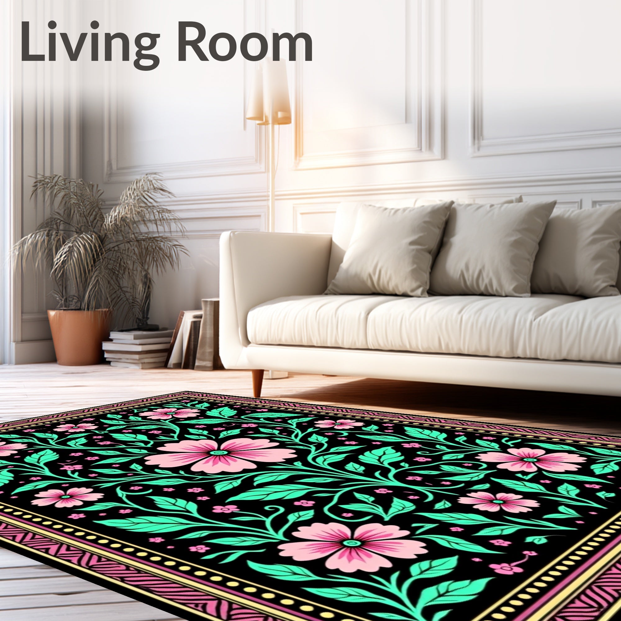 Pink Floral Vine Black Garden Rug