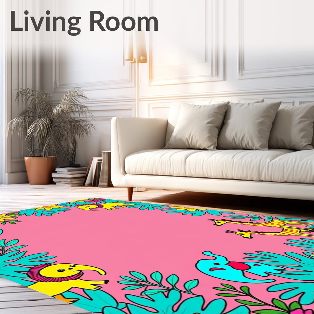Jungle Safari Animals Pink Floral Border Rug