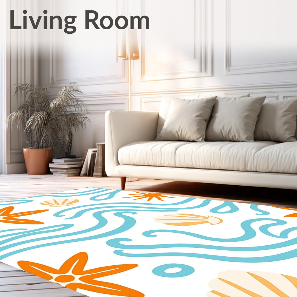 Orange Starfish Blue Wave Seashell Art Rug