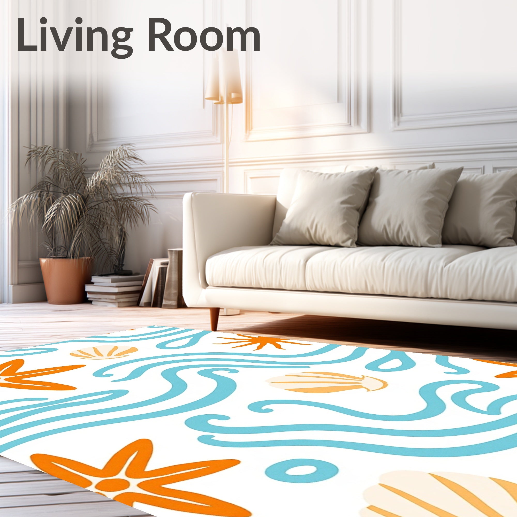 Orange Starfish Blue Wave Seashell Art Rug