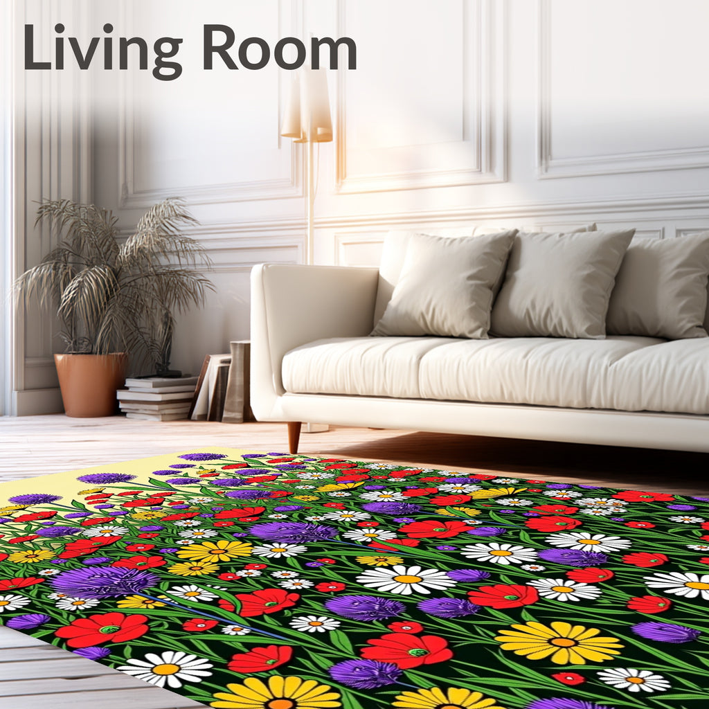 Vibrant Red Purple Yellow Daisy Field Rug