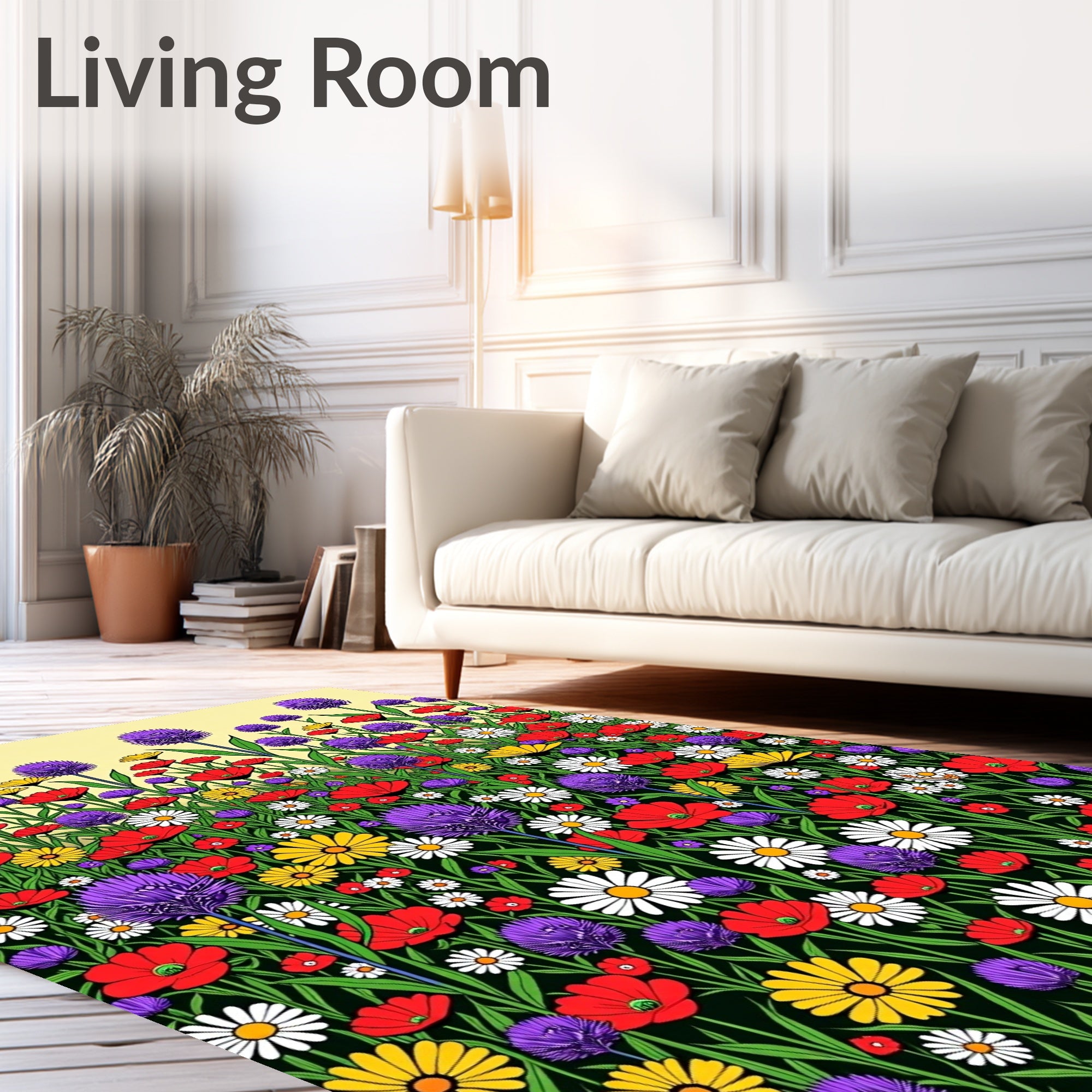 Vibrant Red Purple Yellow Daisy Field Rug