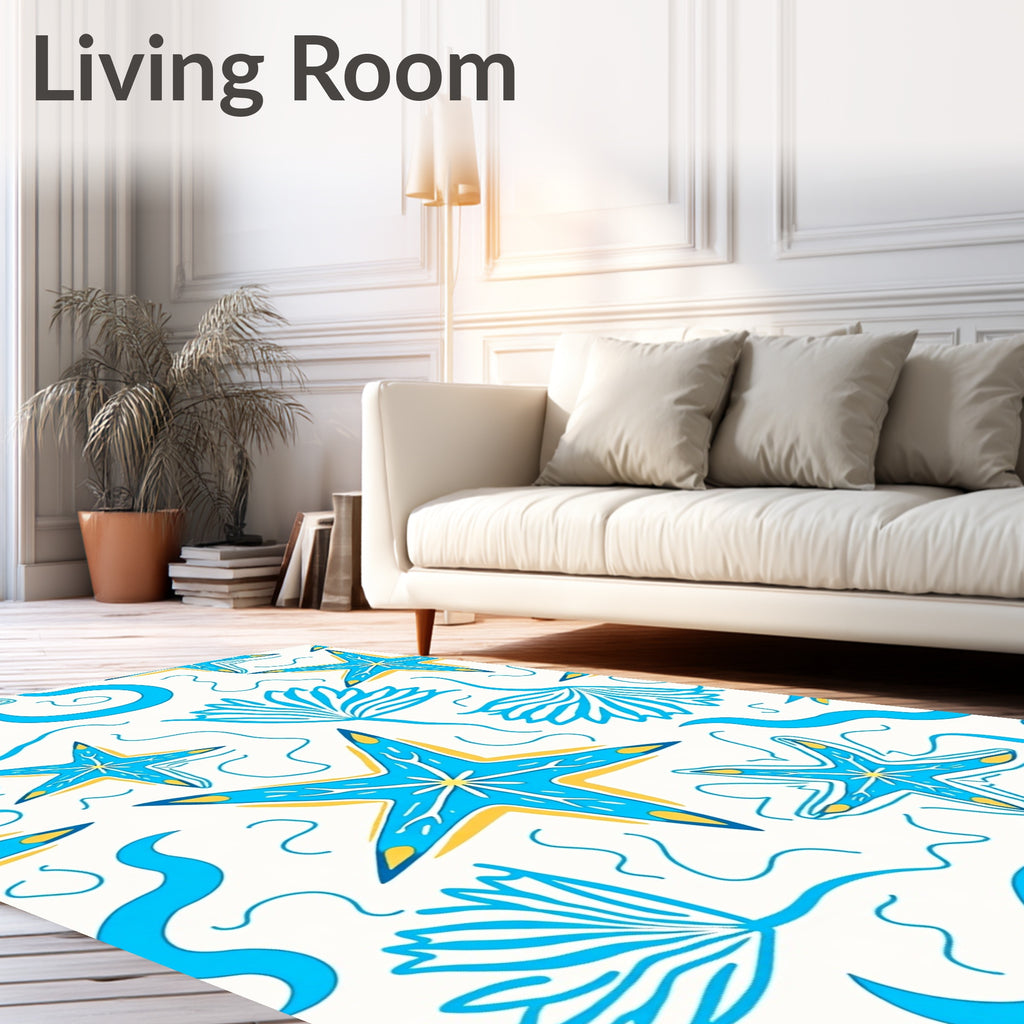 Blue Yellow Starfish Seafoam Waves Rug