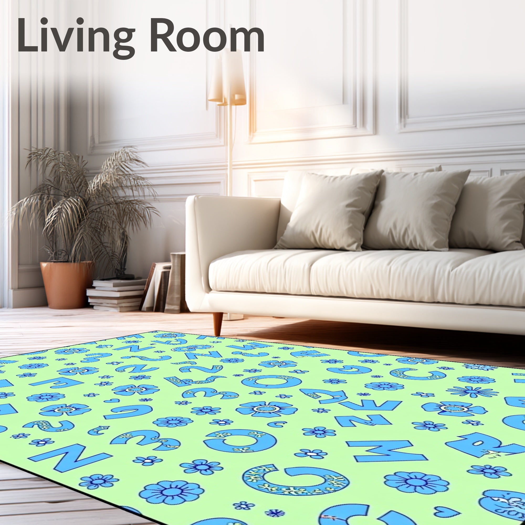 Playful Blue Alphabet Floral Field Rug