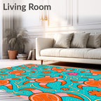 Bright Orange Sunburst Floral Aqua Rug