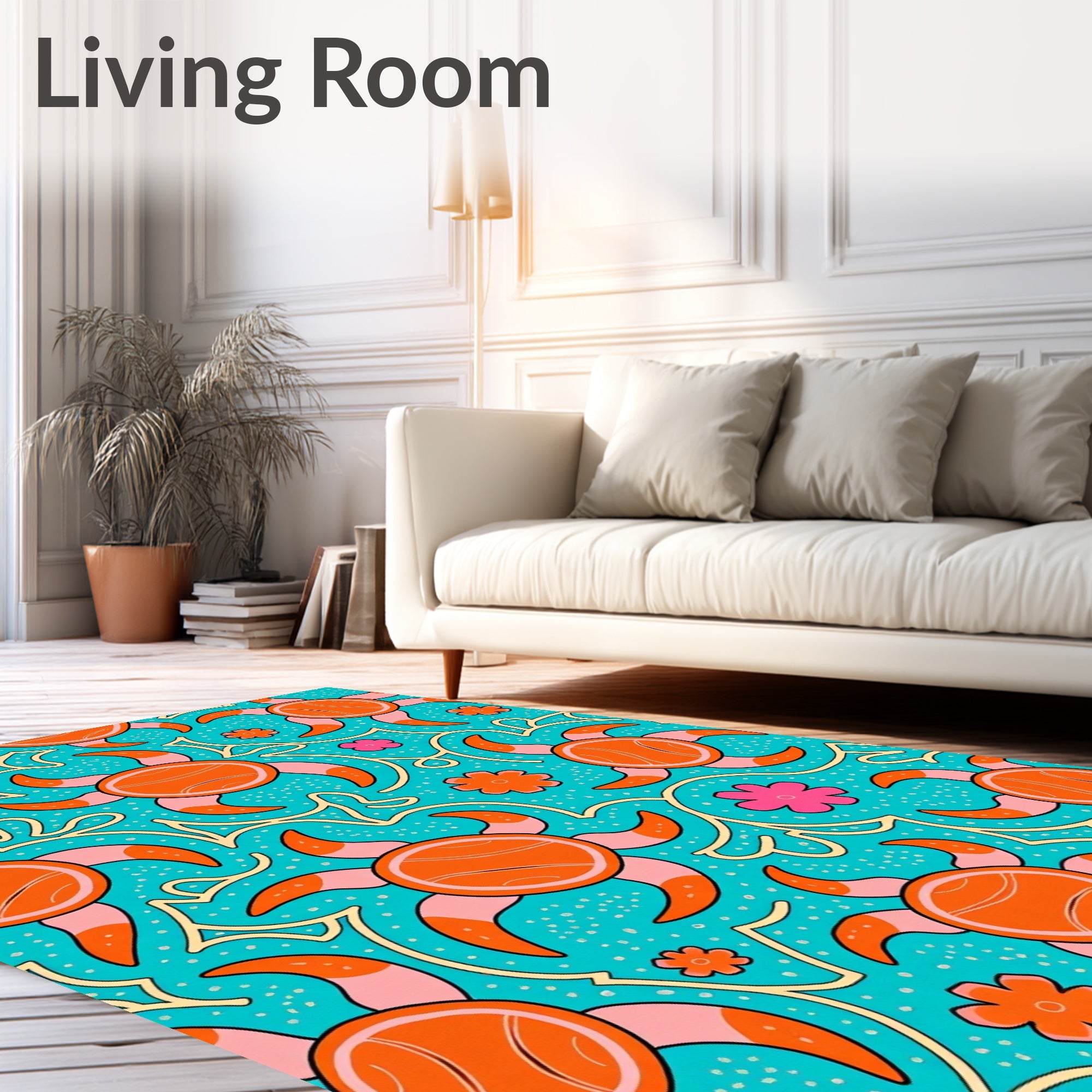 Bright Orange Sunburst Floral Aqua Rug