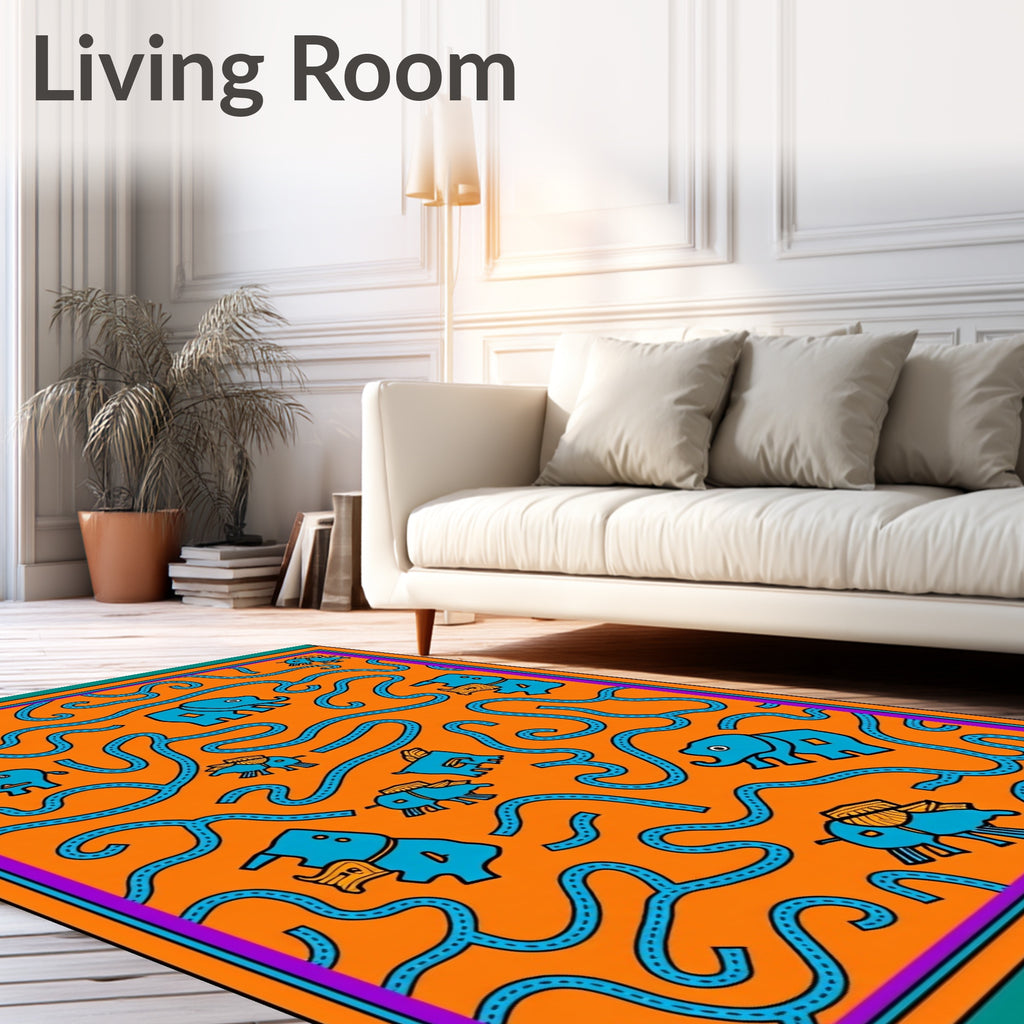 Playful Blue Elephants on Orange Background Rug