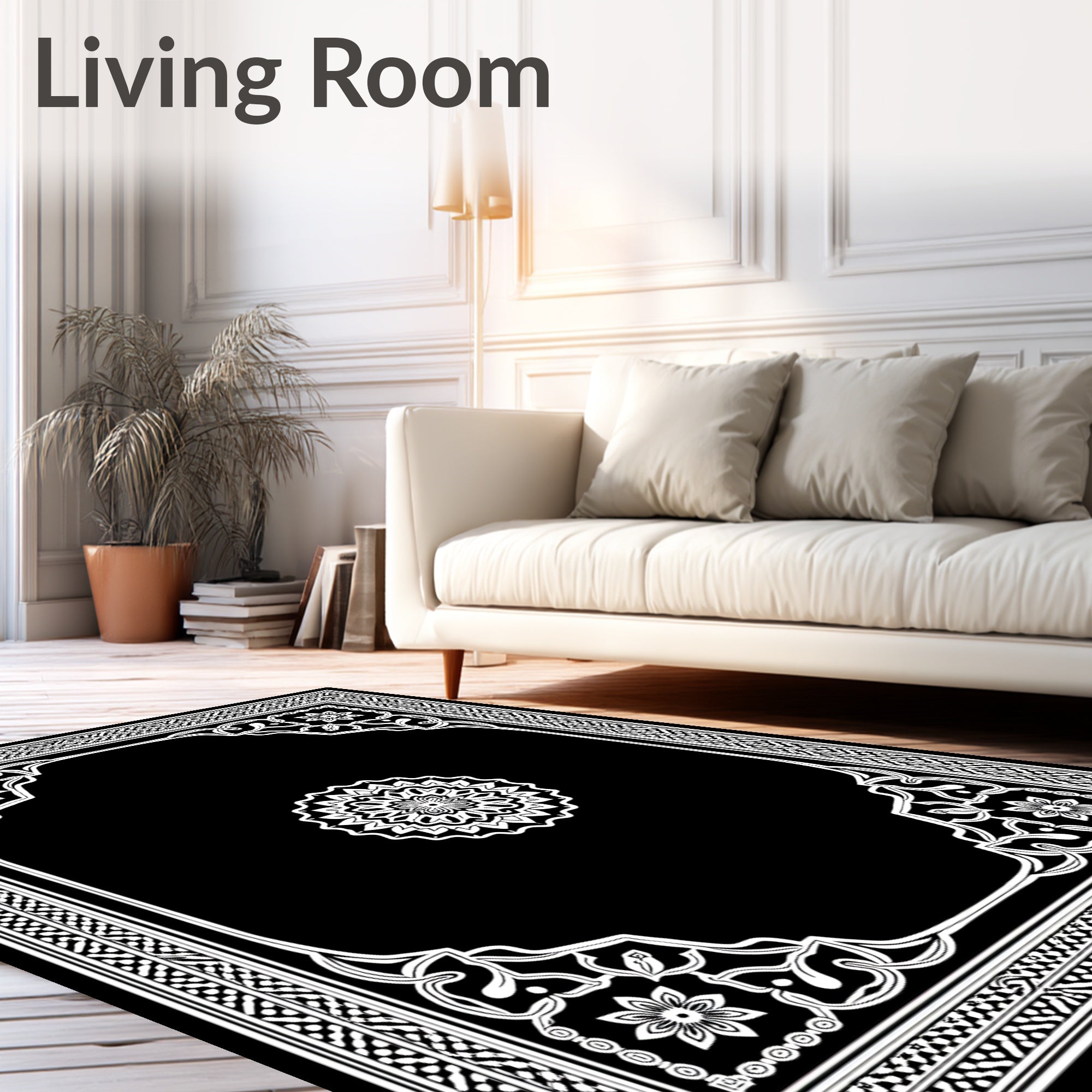 Intricate White Mandala Floral Border Rug