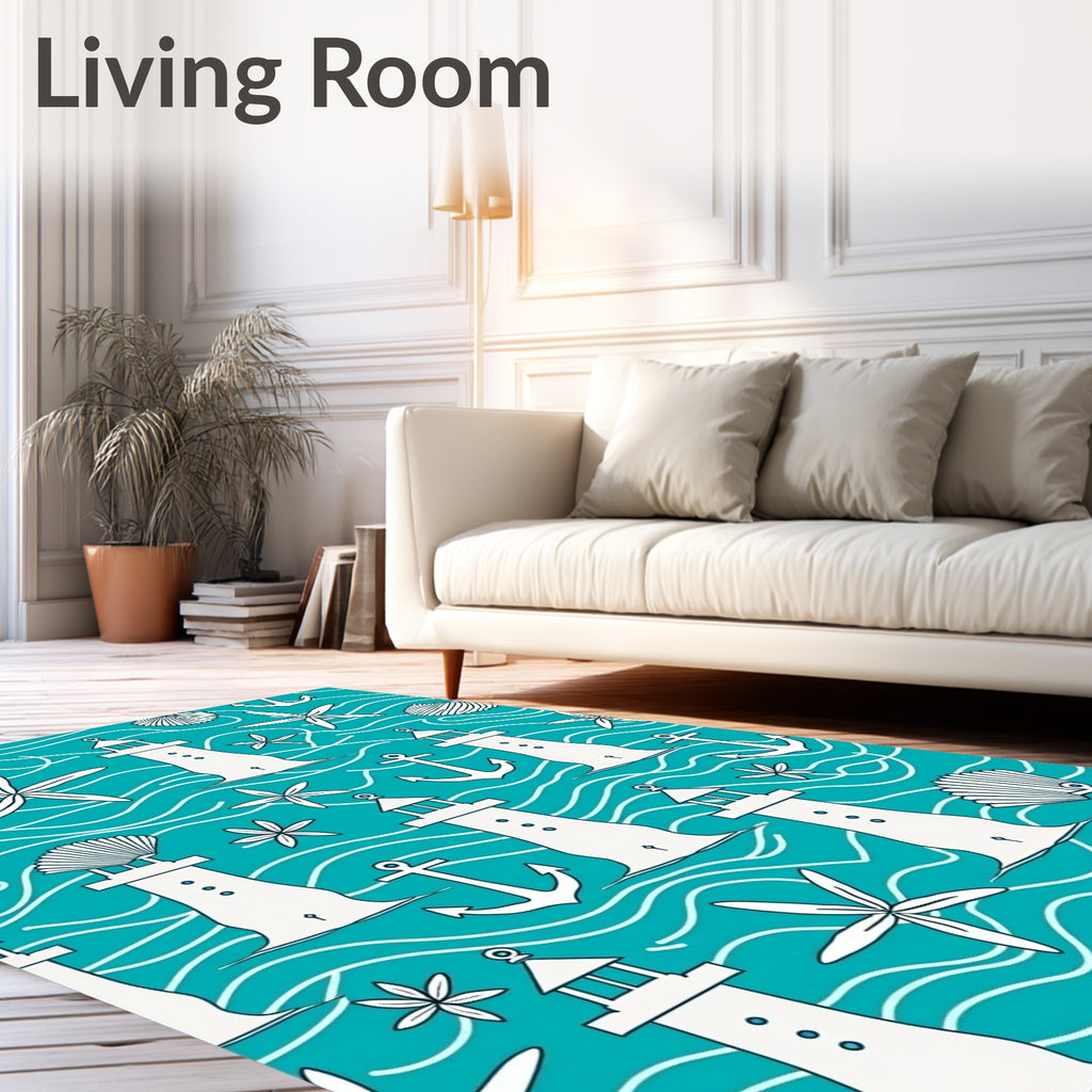 Coastal White Lighthouse Anchor Seashell Waves Rug