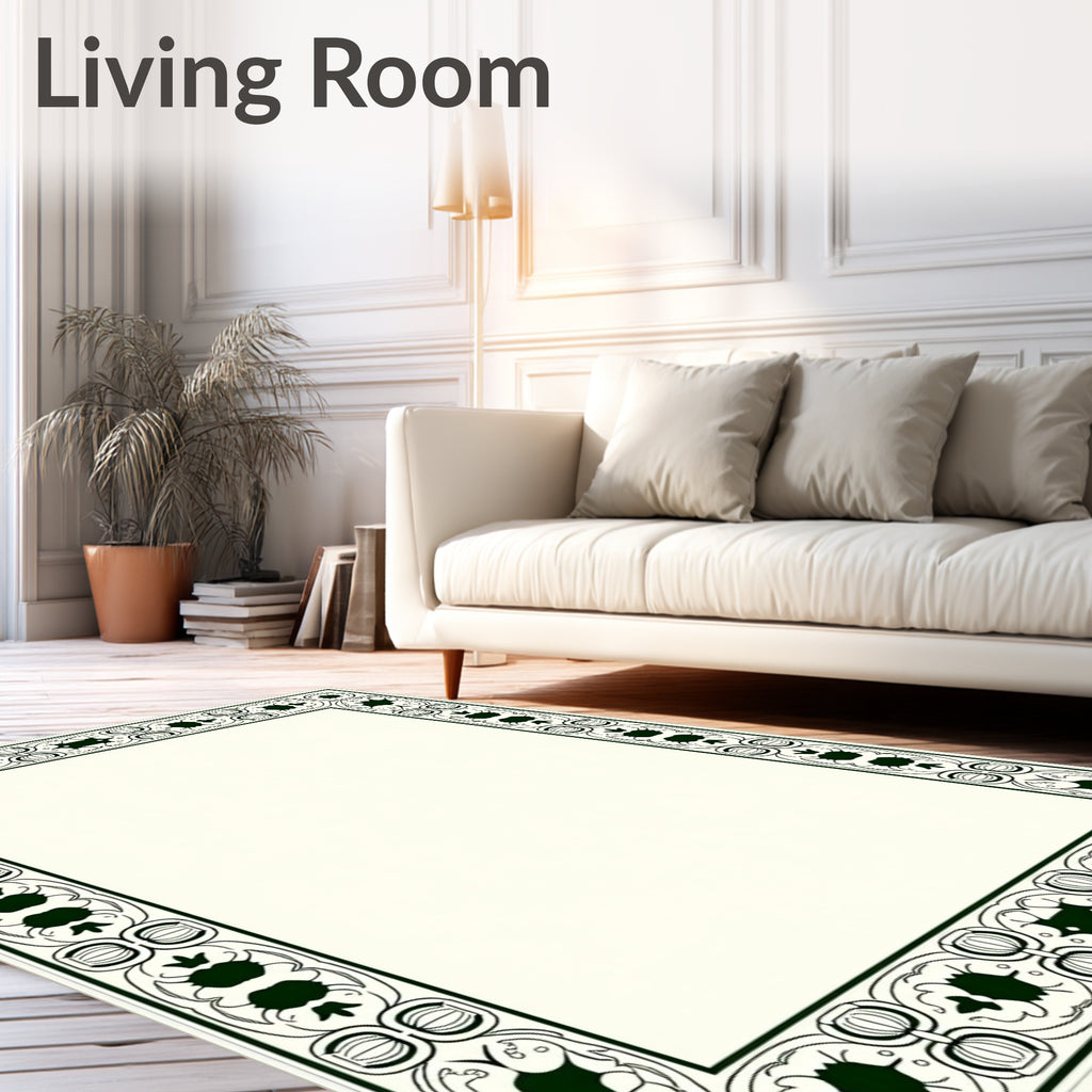 Dark Green Ornate Scroll Border Rug