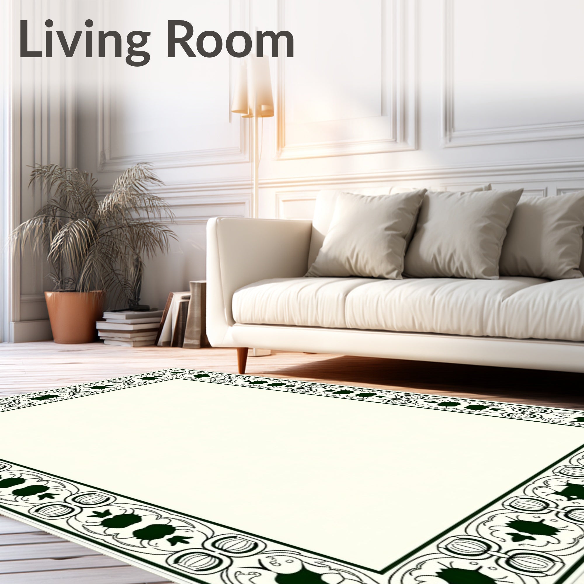 Dark Green Ornate Scroll Border Rug