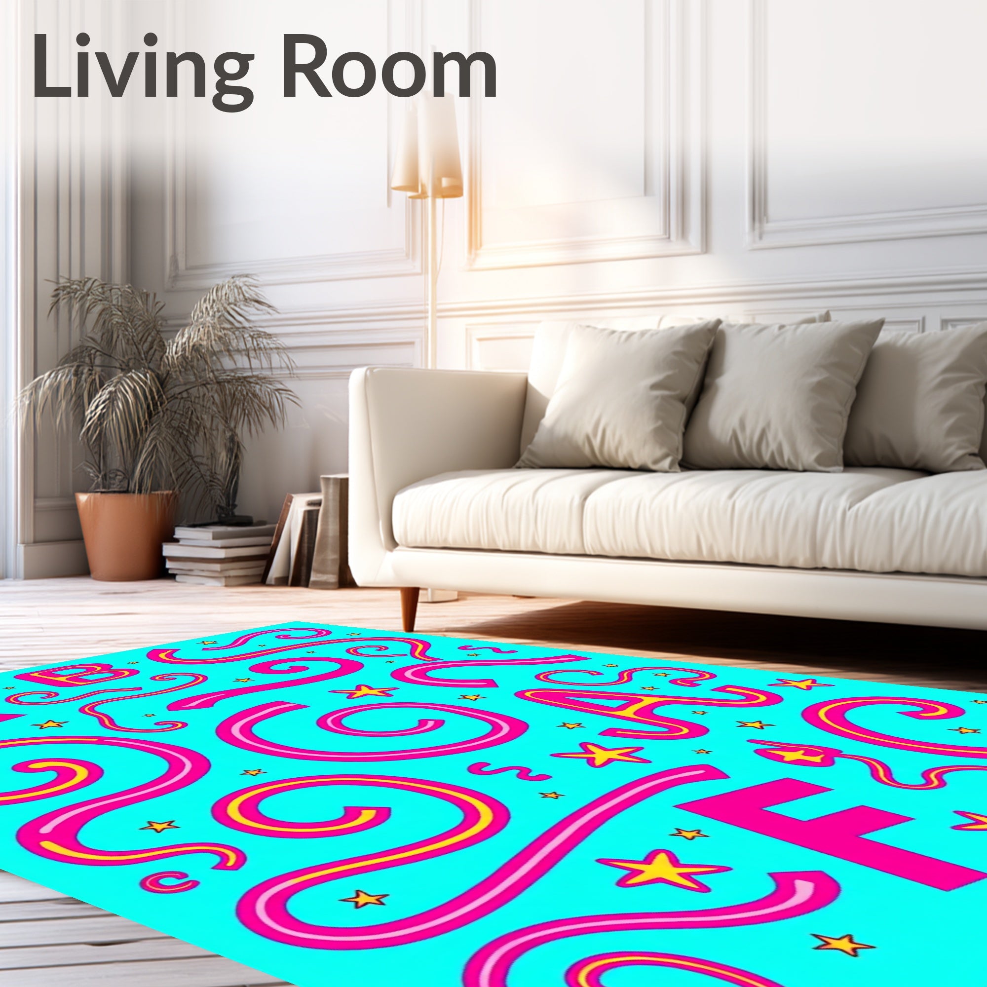 Pink Yellow Alphabet Stars Aqua Background Rug