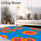 Vibrant Orange Floral Swirl Blue Rug