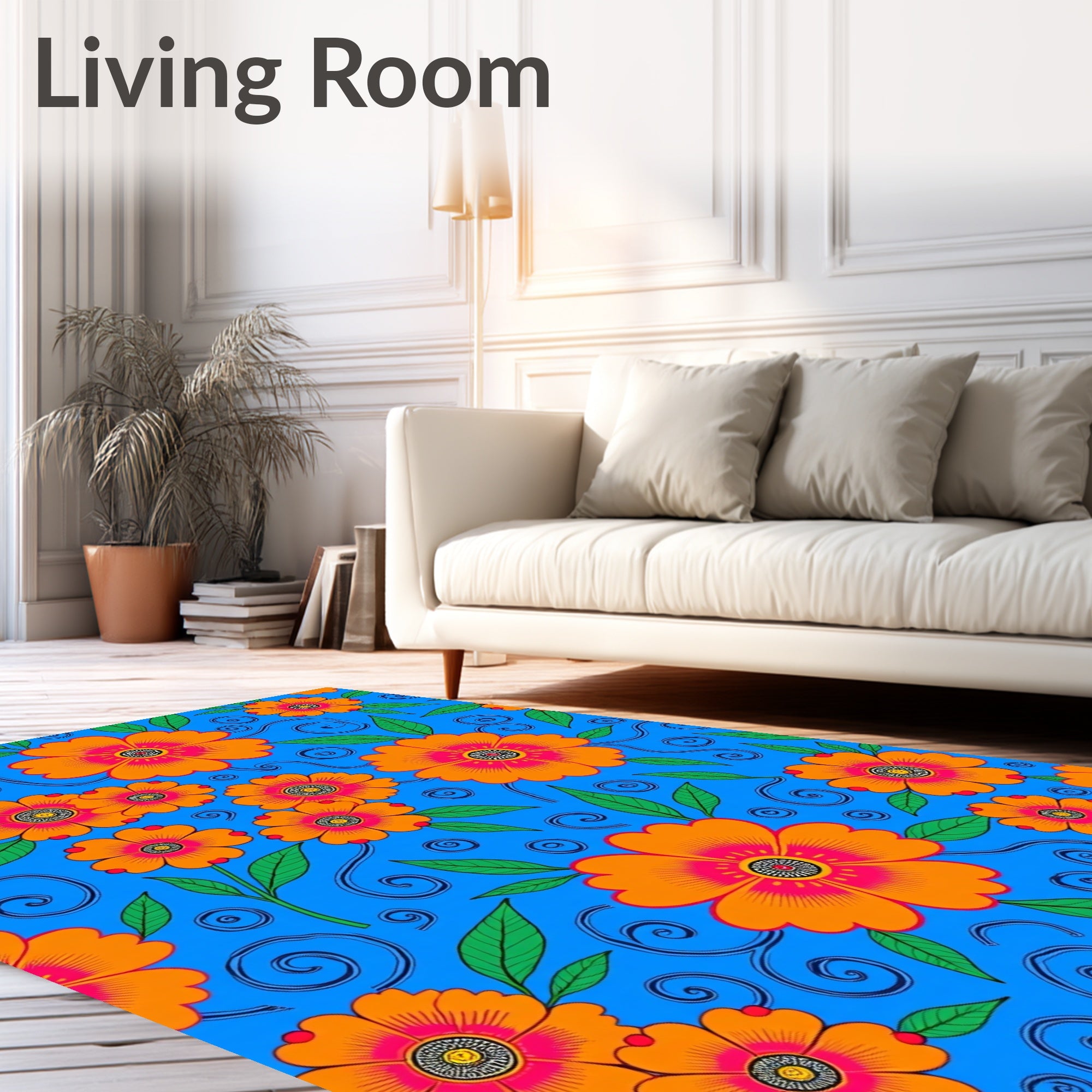 Vibrant Orange Floral Swirl Blue Rug