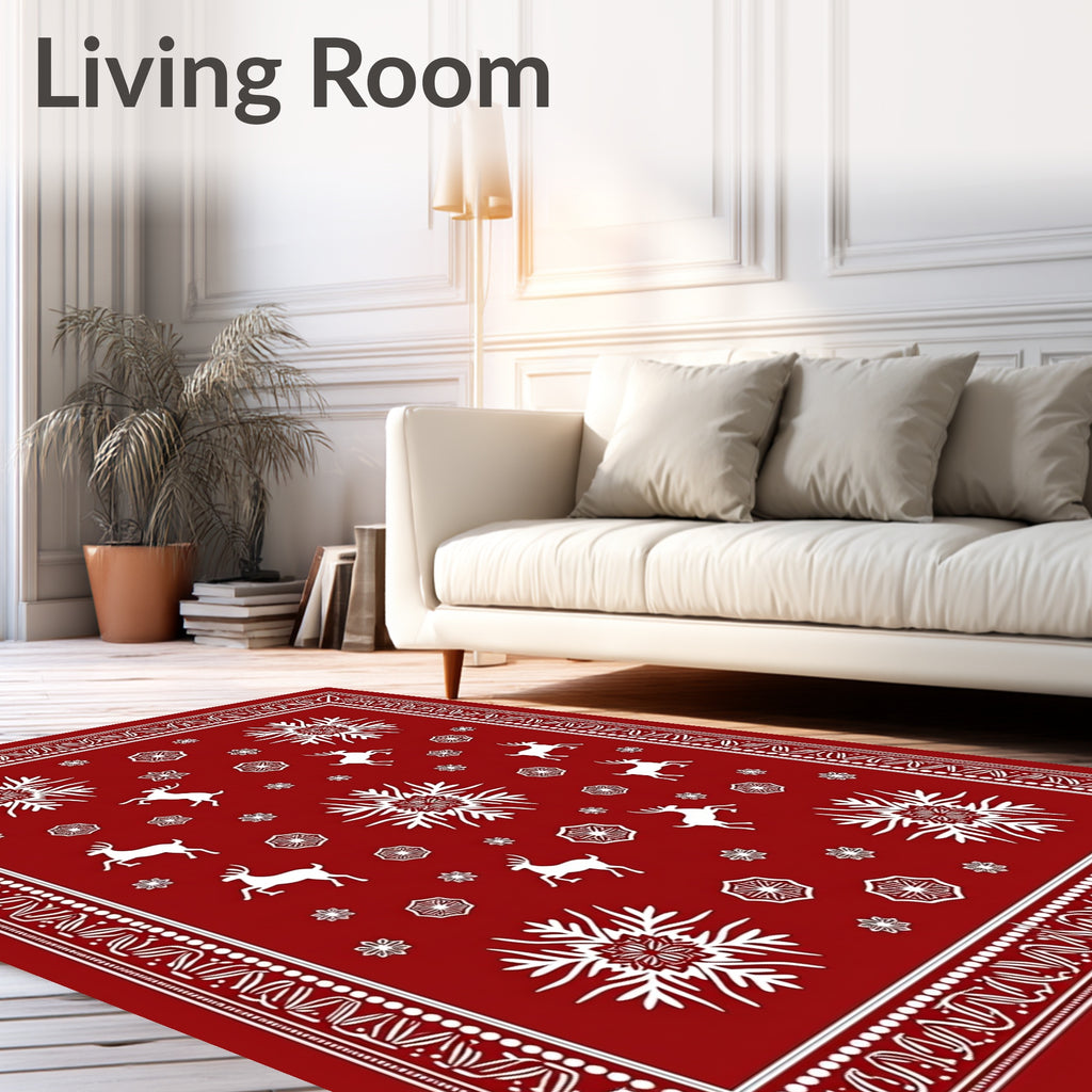 Red Snowflakes Reindeer Winter Border Rug