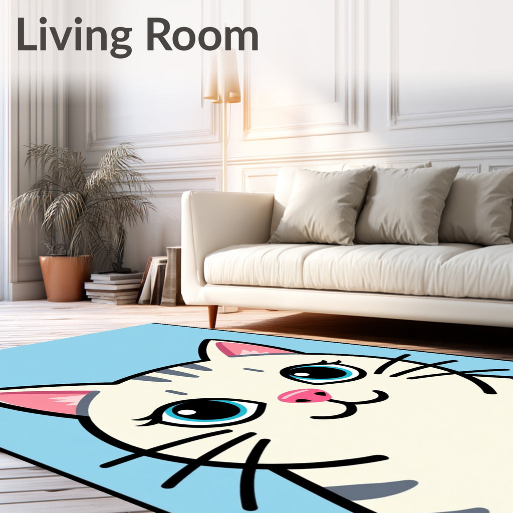 Cute White Cat Blue Eyes Rug