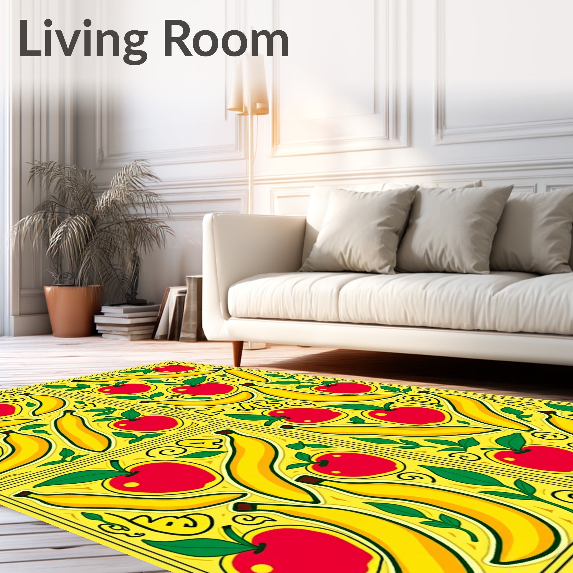 Bright Yellow Apples Bananas Floral Swirls Rug