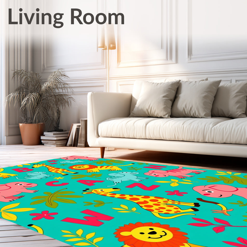 Playful Wild Animals Alphabet Turquoise Background Rug