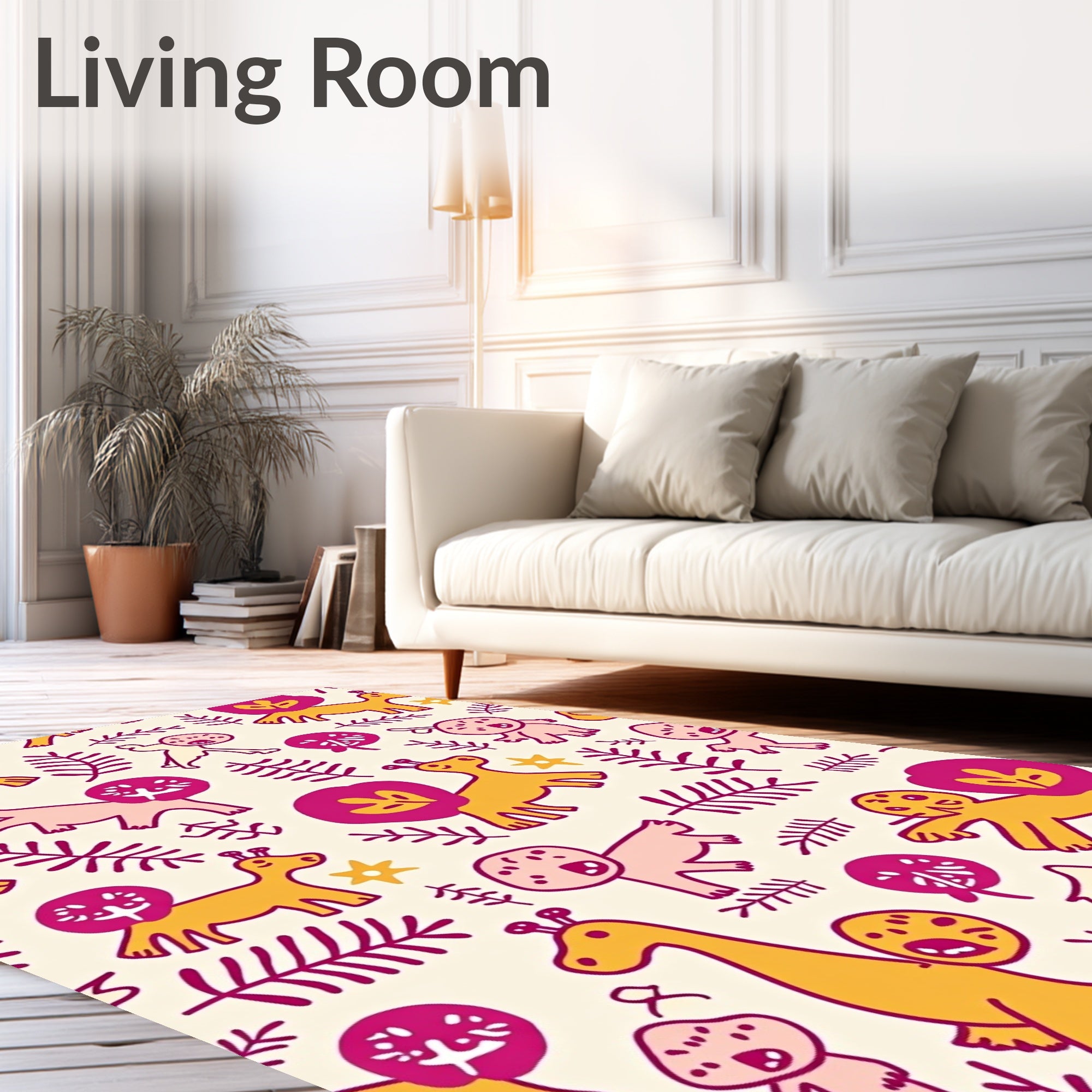 Whimsical Yellow Giraffe Pink Lion Jungle Rug