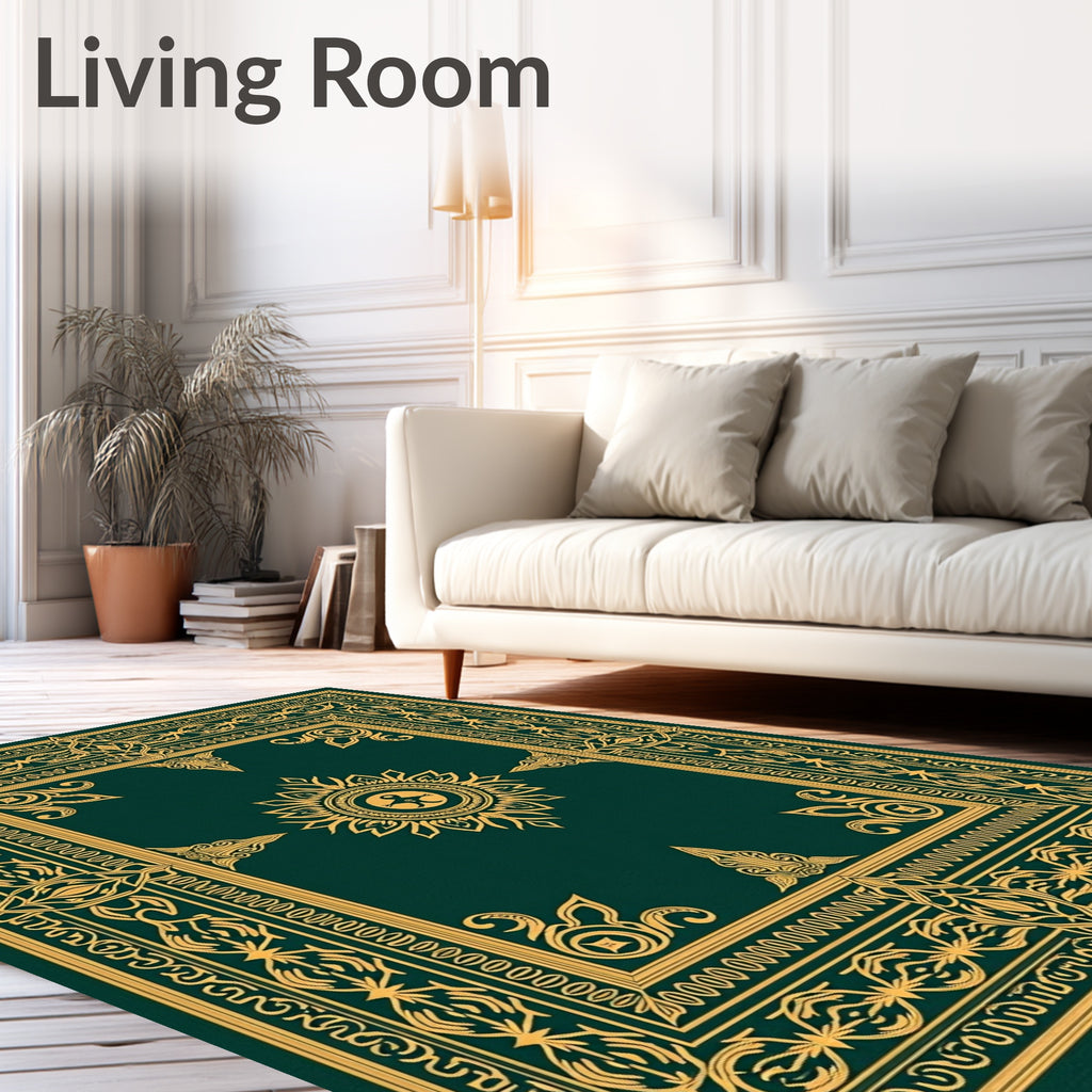 Emerald Green Golden Ornate Medallion Rug