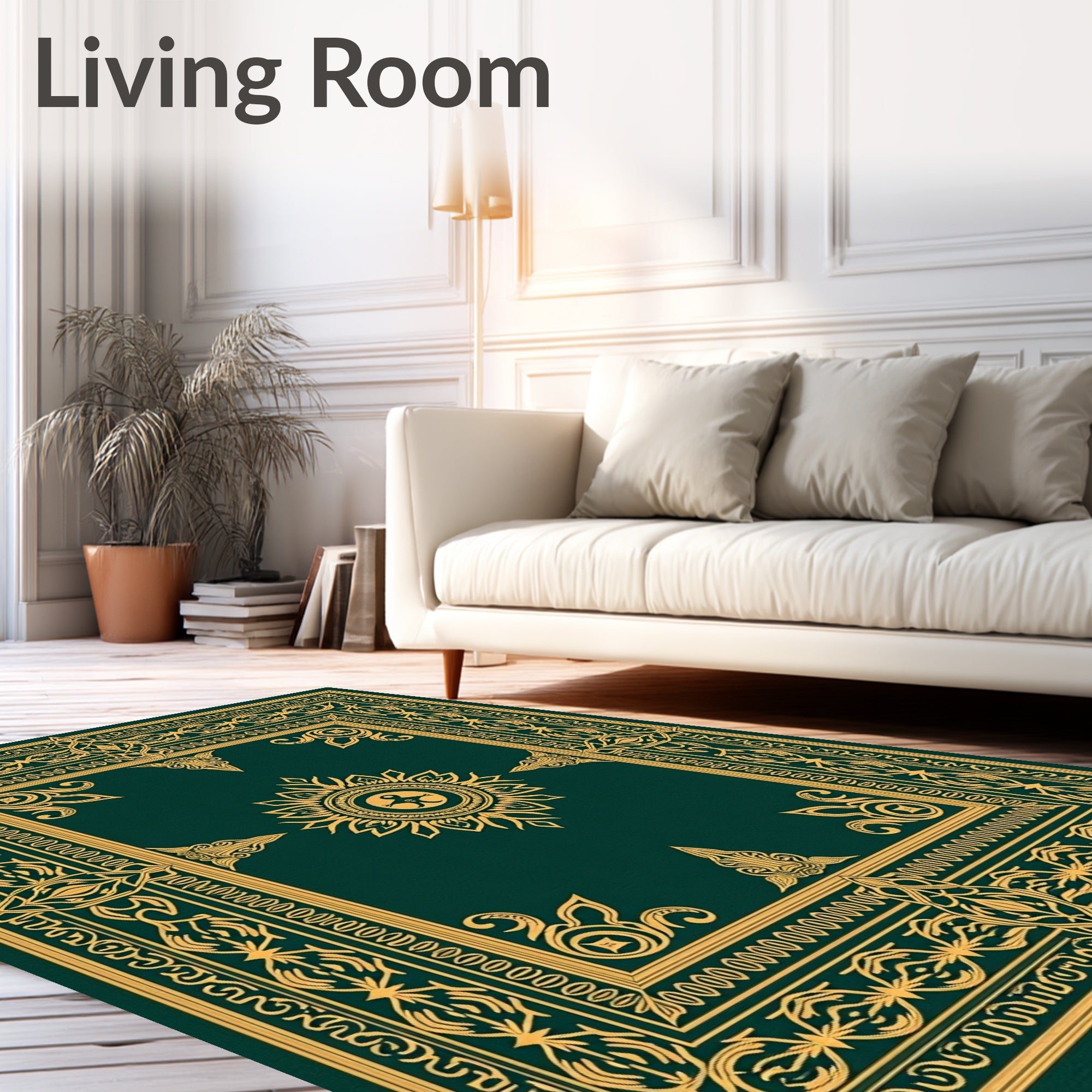 Emerald Green Golden Ornate Medallion Rug