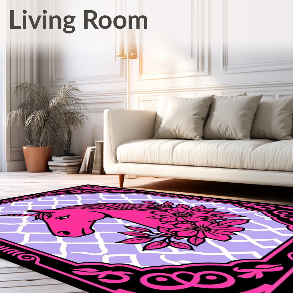 Vibrant Pink Unicorn Floral Lattice Frame Rug