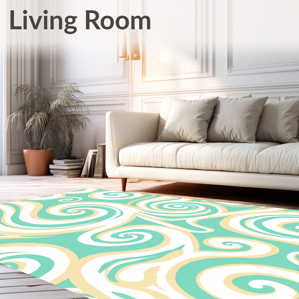 Aqua Cream Swirling Abstract Curvy Rug