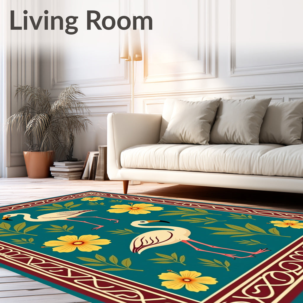 Cream Flamingos Yellow Hibiscus Teal Garden Rug