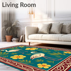 Cream Flamingos Yellow Hibiscus Teal Garden Rug