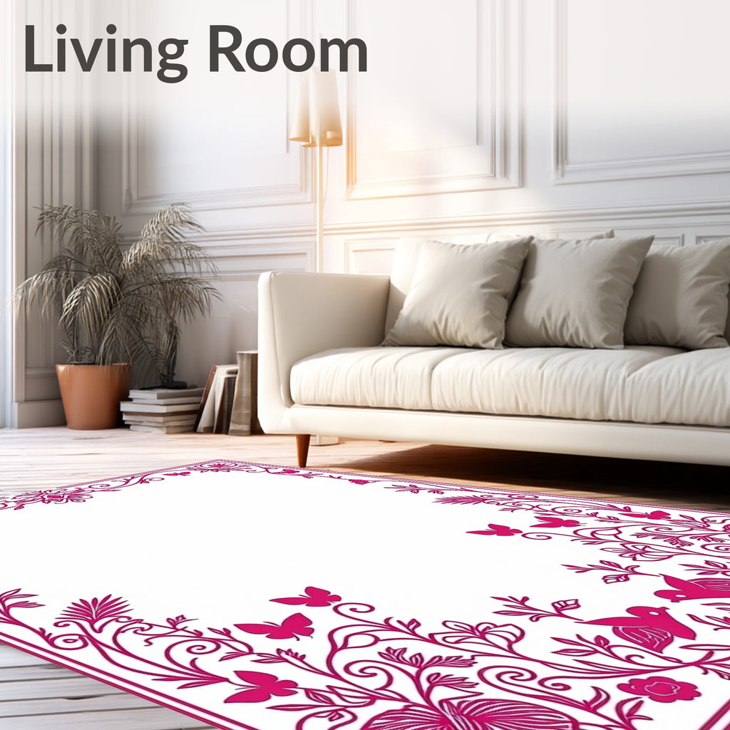 Hot Pink Floral Butterfly Bird Scrollwork Rug