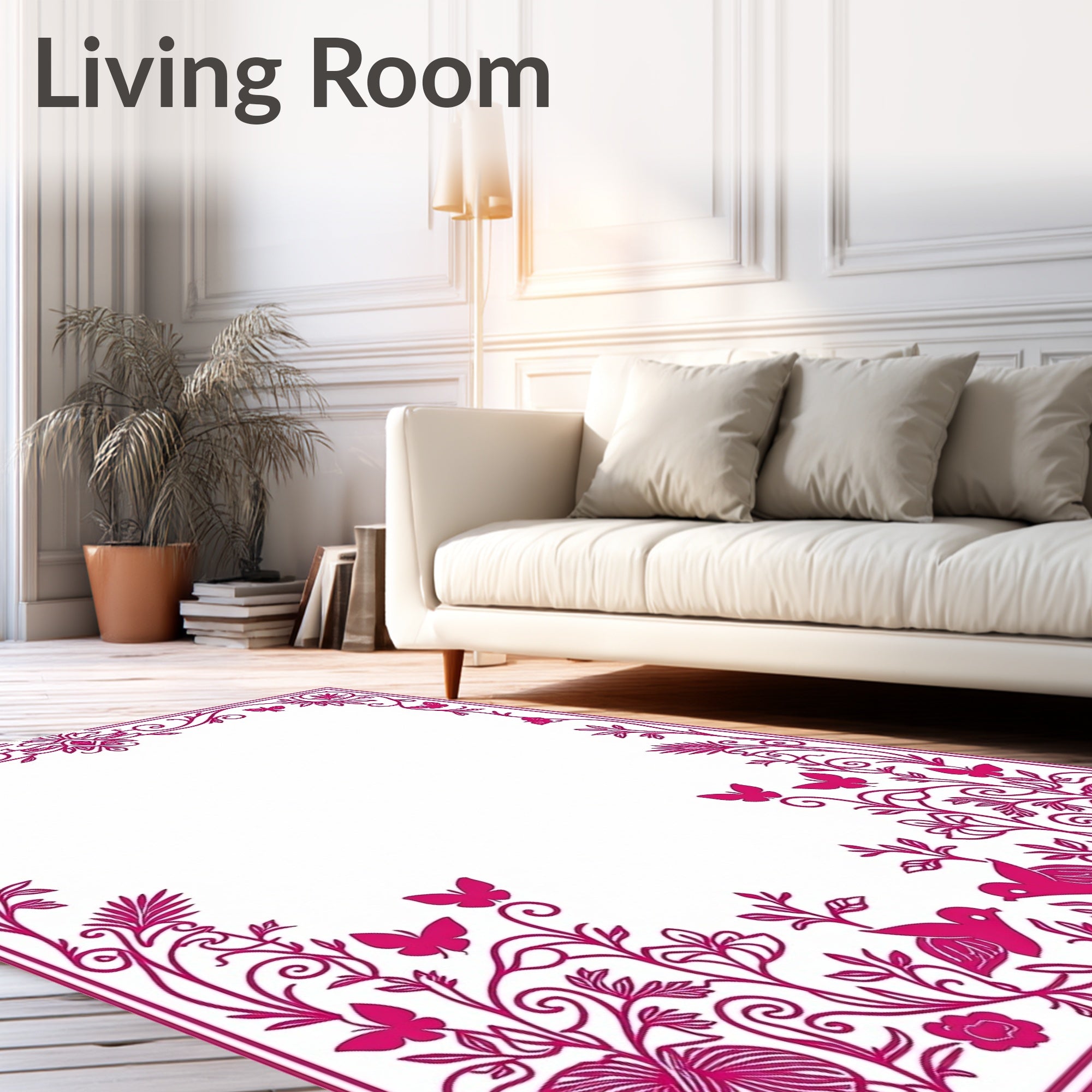Hot Pink Floral Butterfly Bird Scrollwork Rug