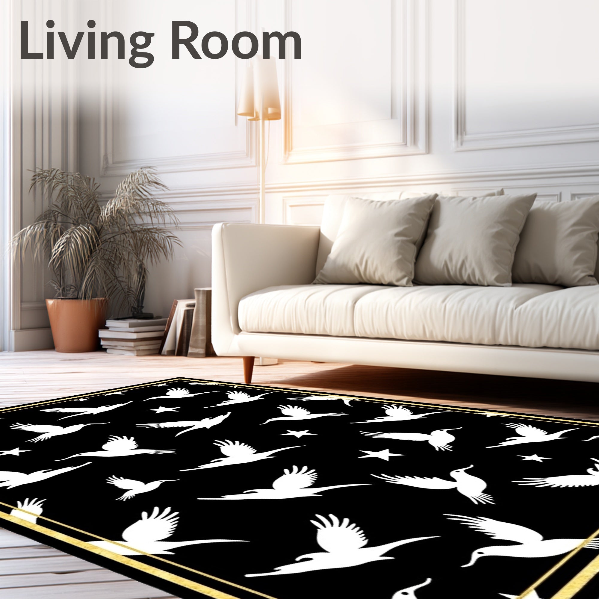 Black White Flying Birds Stars Border Rug