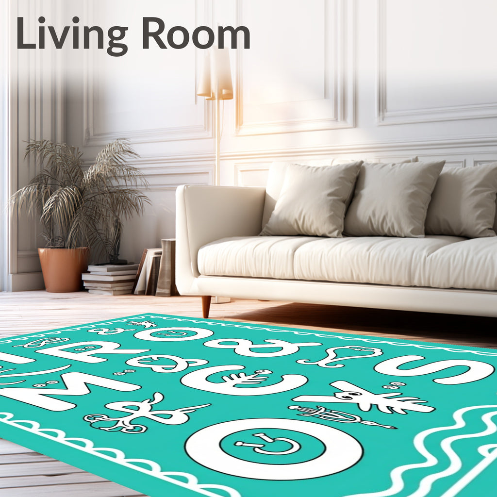 Whimsical White Alphabet Creatures Teal Rug