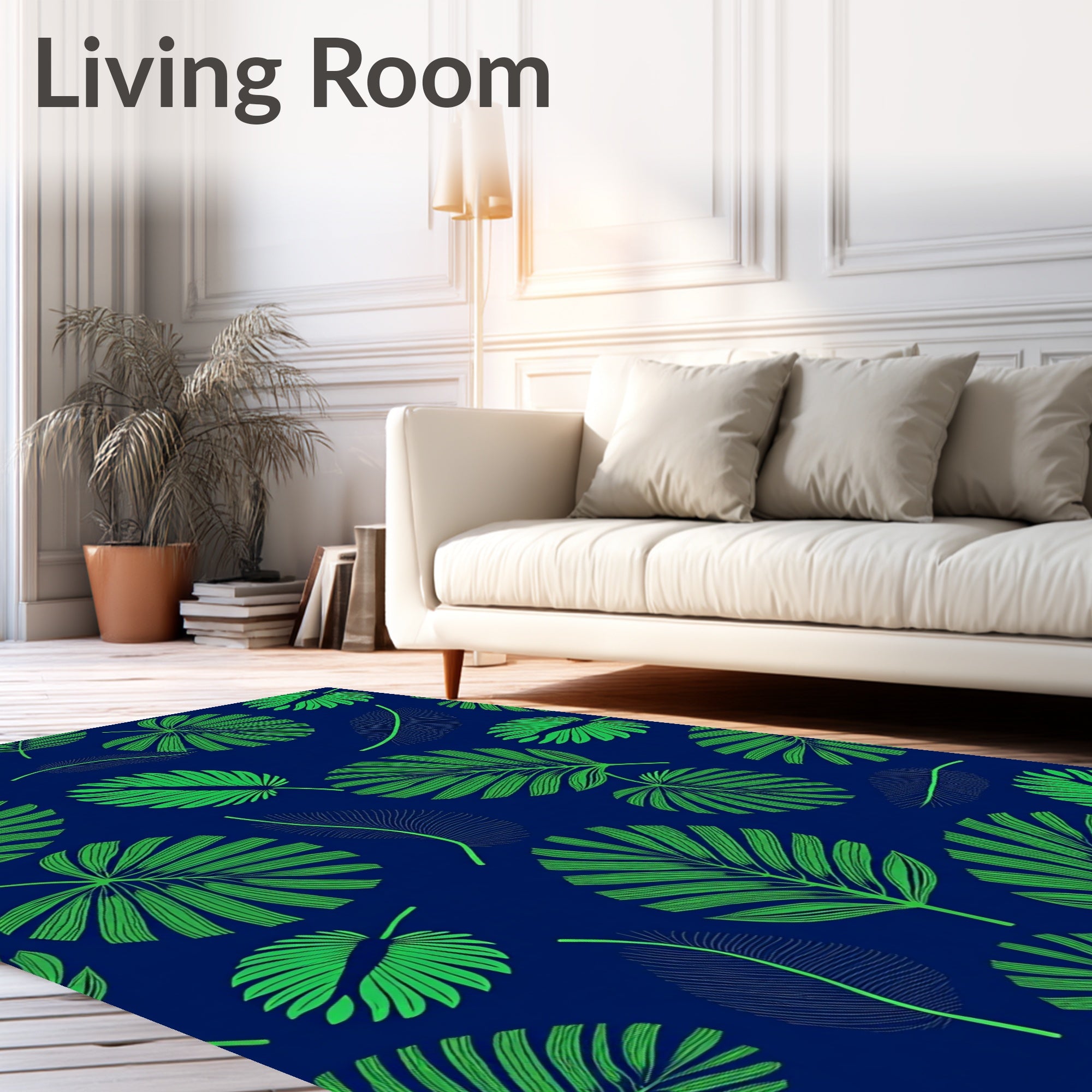 Vibrant Green Tropical Fern Leaves Navy Rug